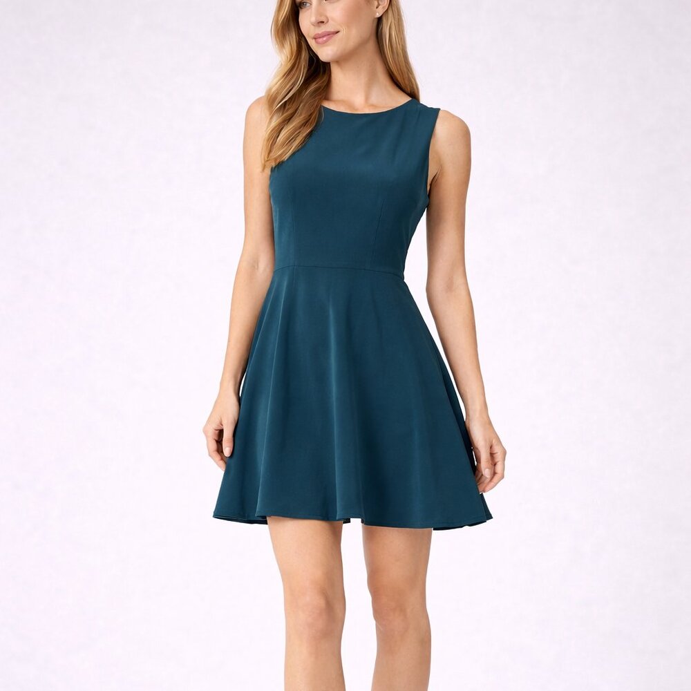 LADAIRE 100% Silk Fit & Flare Dress Size S Teal Sleeveless Lined